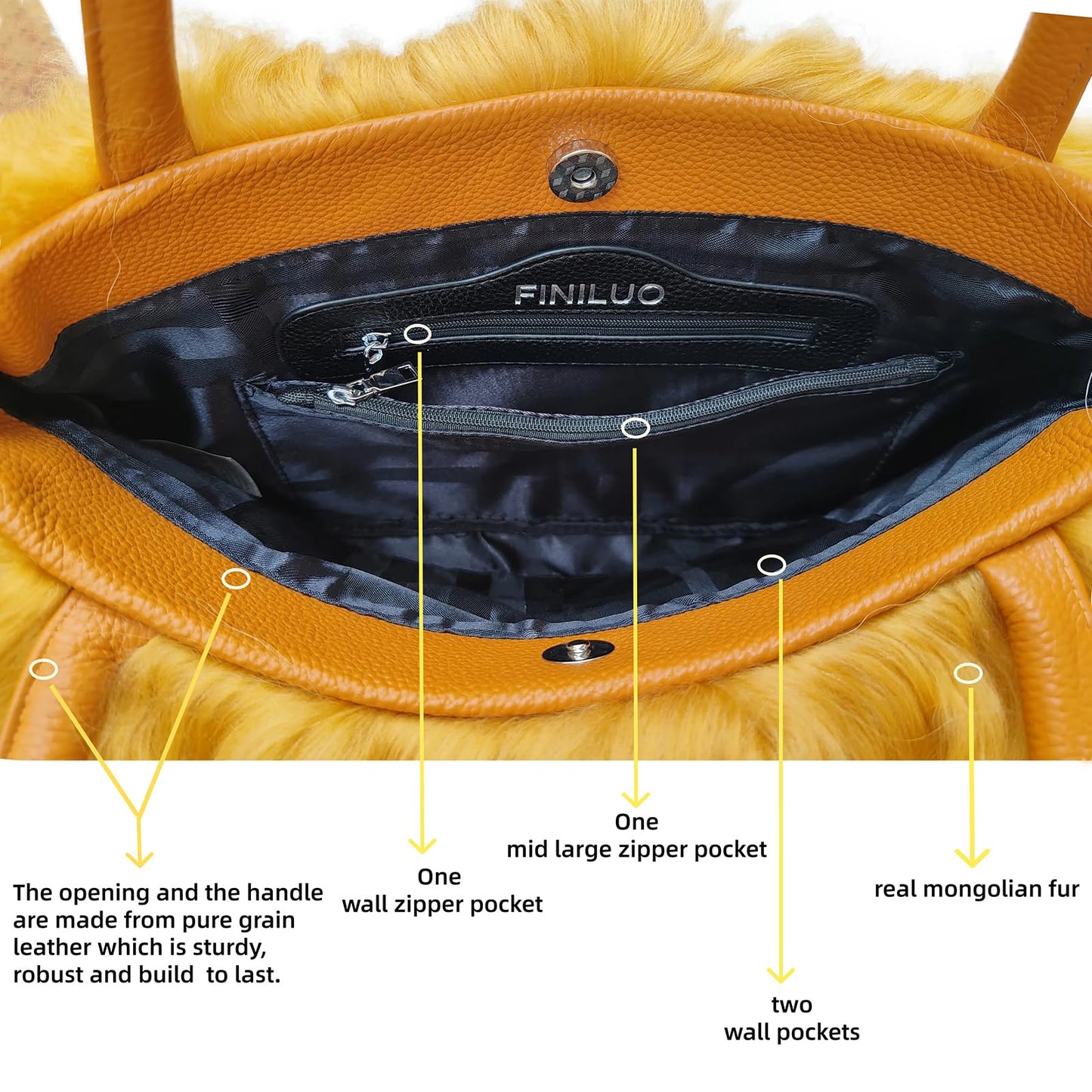 FINILUO Women Luxury Real Lamb Mongolian Flush Wool Fur With Genuine Leather Handles Handbag Camel