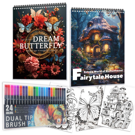 Adult Coloring Book for Women with Markers, 48 Patterns Spiral Bound Adult Coloring Books with 24 Dual Tip Markers, Anxiety Relief Mindfulness Gifts, Fantasize Butterflies & Pumpkin Houses (2 Pack)