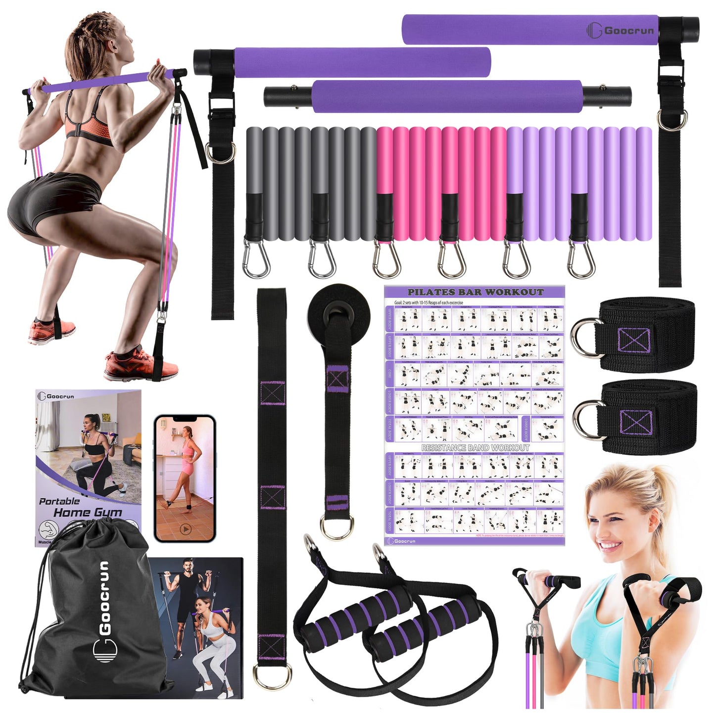 Multifunctional Pilates Bar Kit Home Gym, Resistance Bands Set with Handles and Door Anchor and Extension Straps - with Fitness Poster and Video