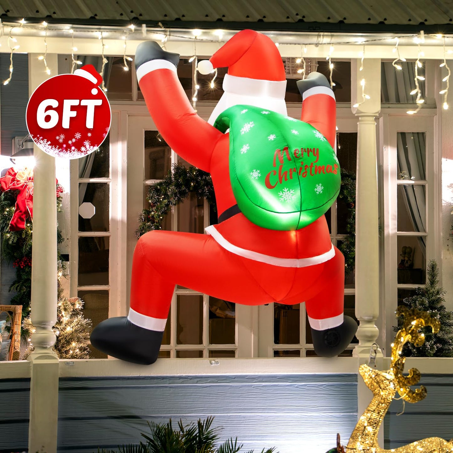 6FT Christmas Inflatable Decorations Hanging Santa Built-in Bright LEDs, Climbing Santa Claus with Gift Bag Christmas Roof Blow Up Yard Inflatables Decoration for Window Wall Outdoor Xmas New Year
