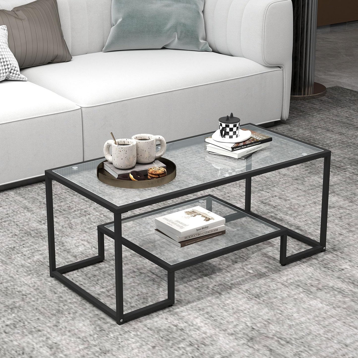 Kebynti 42" Rectangular Glass Coffee Table for Living Room, 2-Tier Center Tea Table with Metal Frame for Small Space, Apartment, Office (Black)