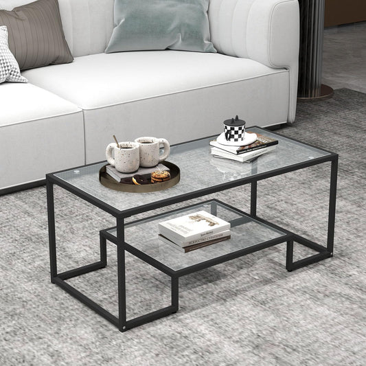 Kebynti 42" Rectangular Glass Coffee Table for Living Room, 2-Tier Center Tea Table with Metal Frame for Small Space, Apartment, Office (Black)