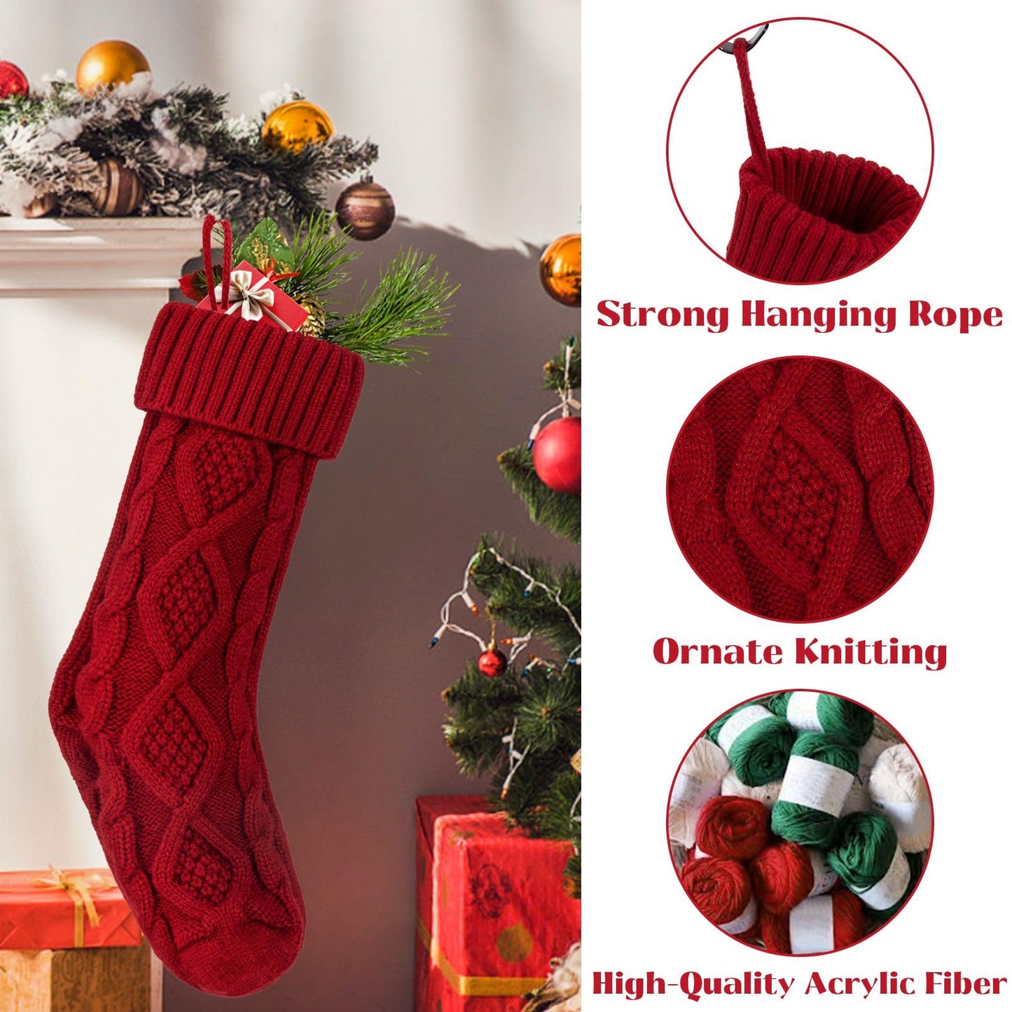 TOVERKAU 18 Inches Christmas Stockings 6 Pack, Traditional Knitted Xmas Hanging Stockings, Red, Ivory, Green, Christmas Holiday Party Decoration