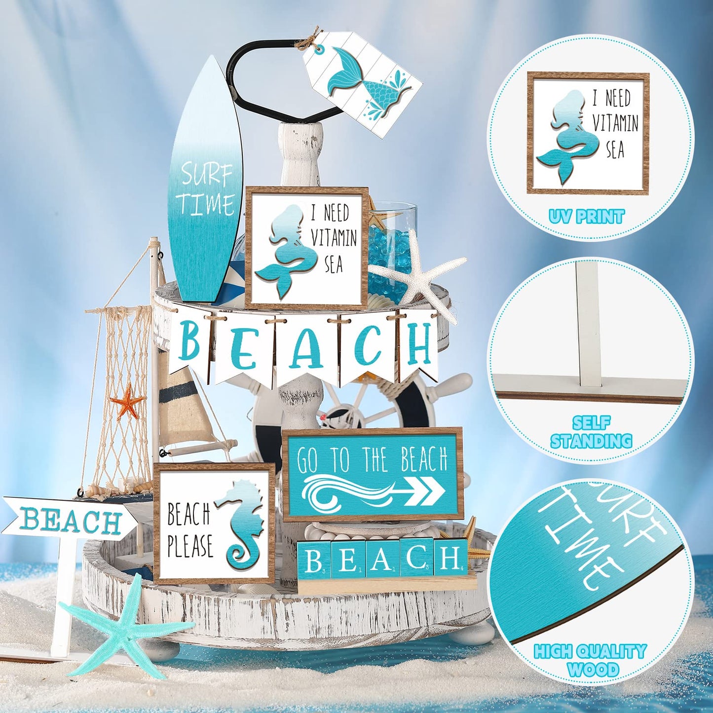 FairySandy 14 Pcs Summer Beach Tiered Tray Decor Set Farmhouse Wooden Beach Starfish Table Decor Blue Rustic Tabletop Sign Coastal Centerpieces for Summer Home Kitchen Table Hawaii Party Holiday