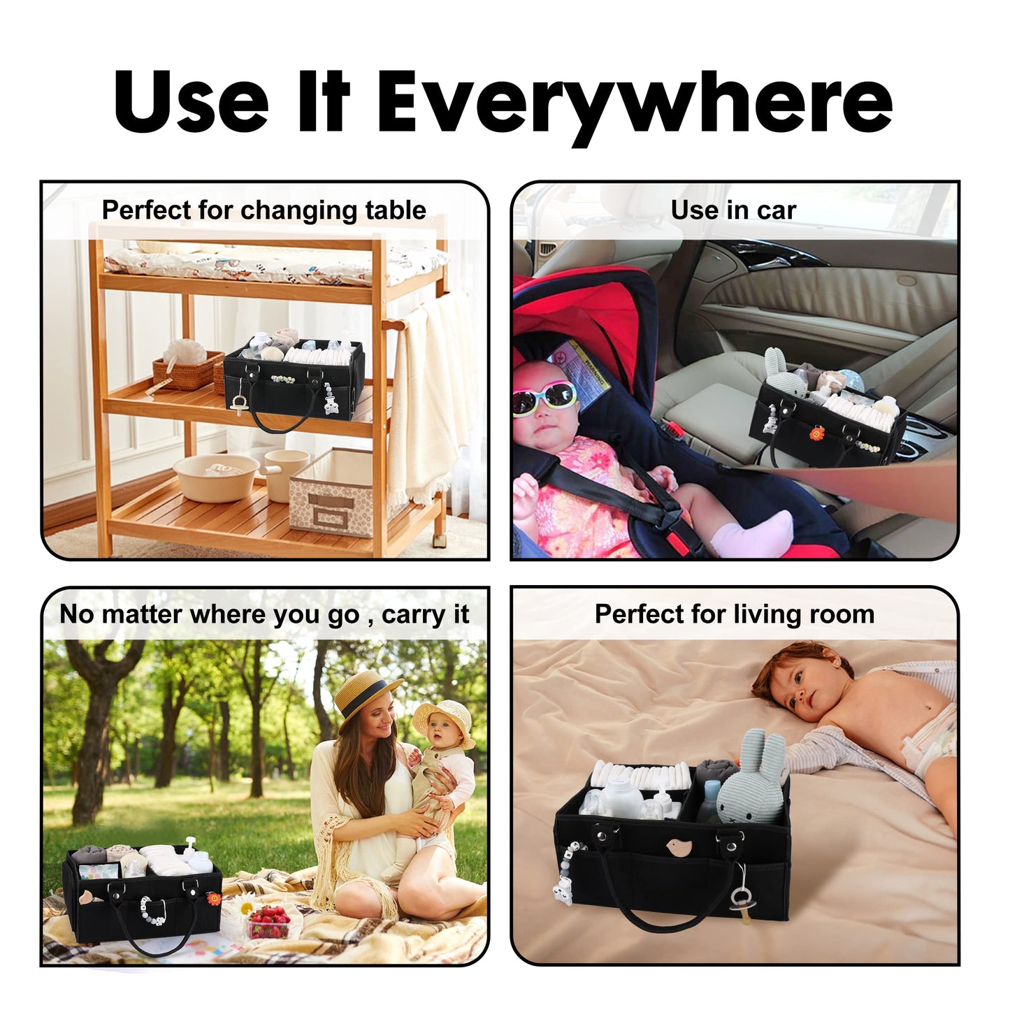 XUANGUO Baby Diaper Caddy Organizer for Girl Boy Large Nursery Storage Bin Basket Portable Holder Tote Bag for Changing Table and Car Baby Shower Gifts Newborn Essentials Must Haves Items black