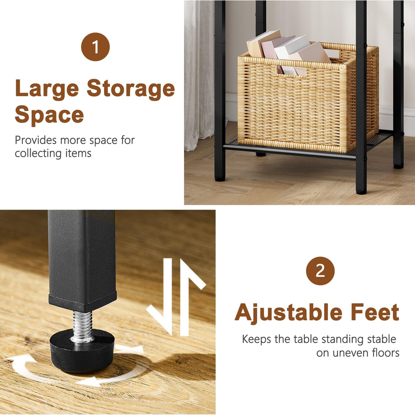 Hoctieon 3 Tier End Table, Telephone Table, Narrow Side Table with Storage, Nightstand for Small Spaces, Metal Frame, For Living Room, Bedroom, Sofa Couch, Hall, Easy Assembly, Rustic Brown