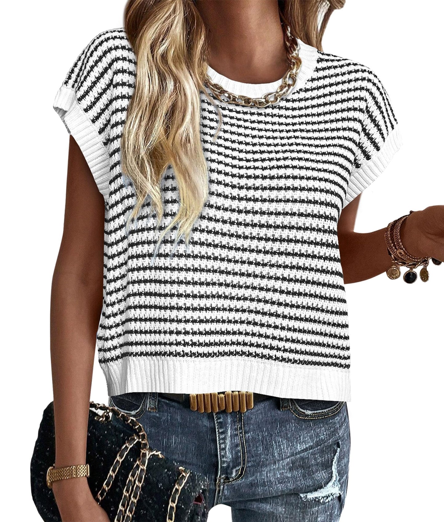 PRETTYGARDEN Womens Short Sleeve Sweater Spring Summer 2025 Round Neck Striped Pullover Cap Sleeve Knit Sweater Vest Tops(White,Small)