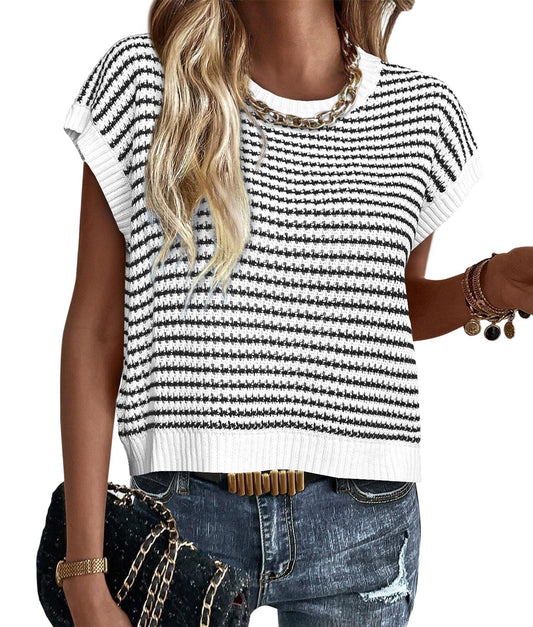 PRETTYGARDEN Womens Short Sleeve Sweater Spring Summer 2025 Round Neck Striped Pullover Cap Sleeve Knit Sweater Vest Tops(White,Small)