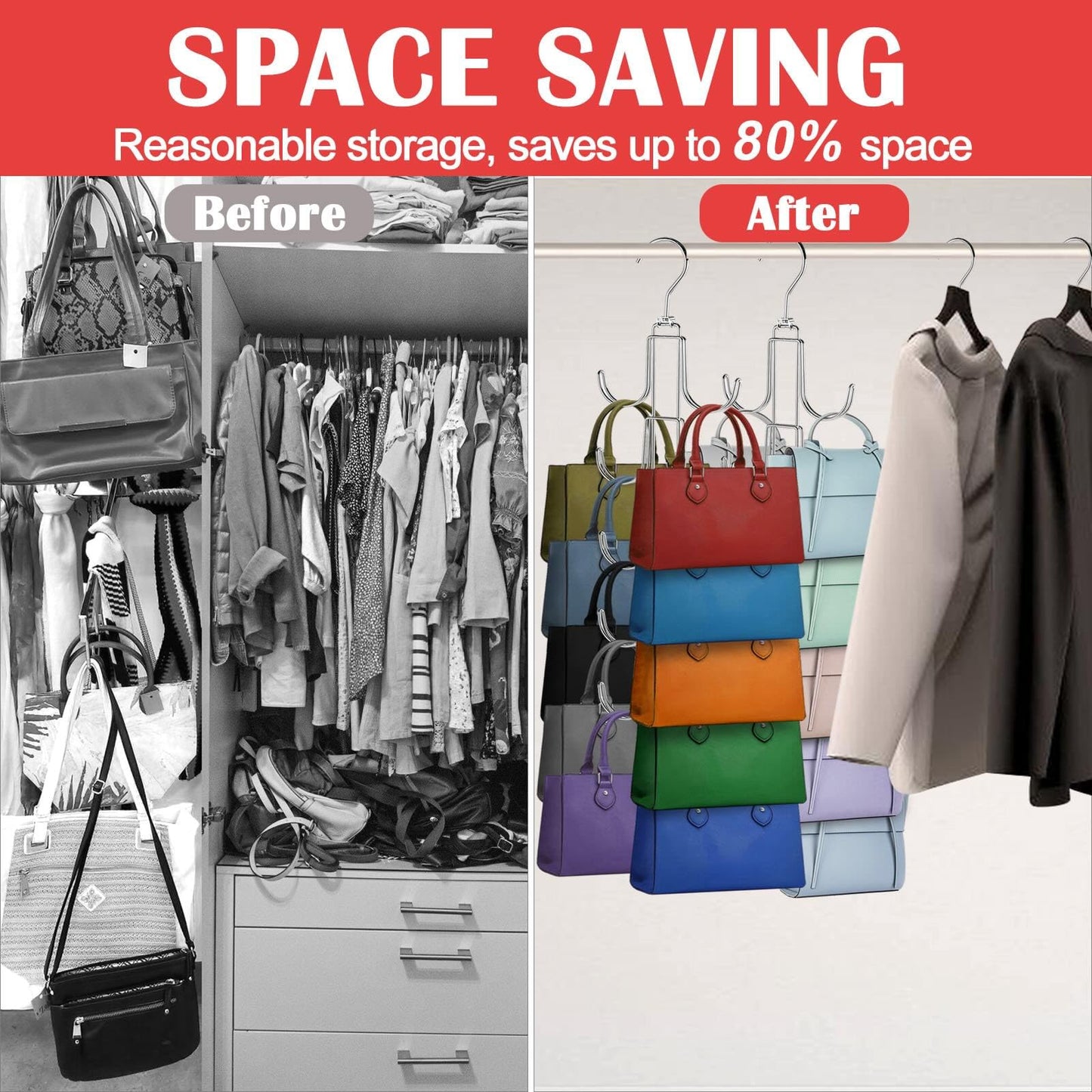 Purse Hanger for Closet, Collapsible Metal Purse Organizer with 20 Big Hooks(2 Pack), 360° Rotation for Better Organizer&Display, Foldable Bag Hangers Space Saving for Handbag, Belt, Scarve, Tie