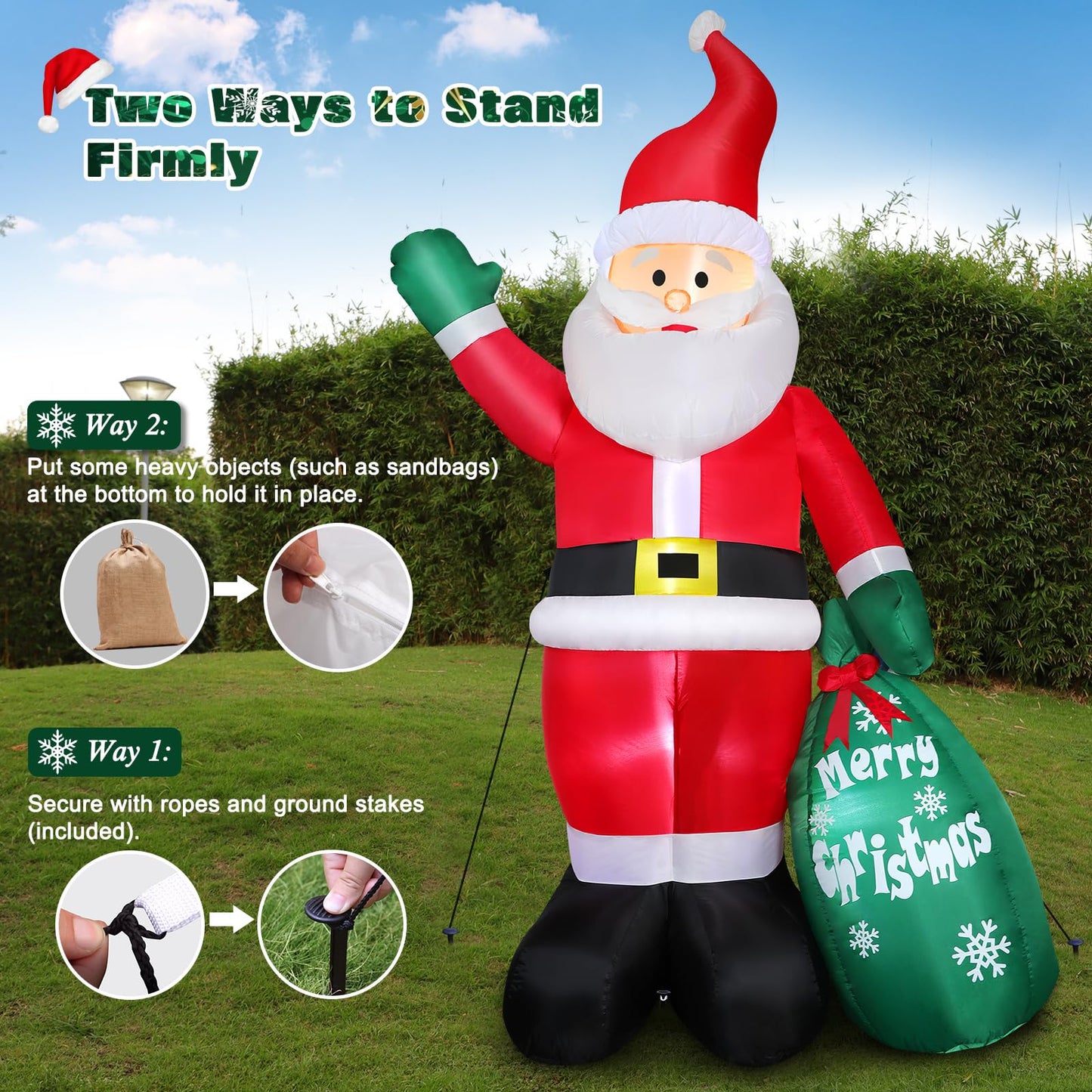 Omdekor 7FT Christmas Inflatable Santa Claus with Giant Gift Bag, Classic Blow up Outdoor Yard Decorations with Built-in Bright LED Lights for Holiday Xmas Party Display Lawn Garden Patio Home Decor