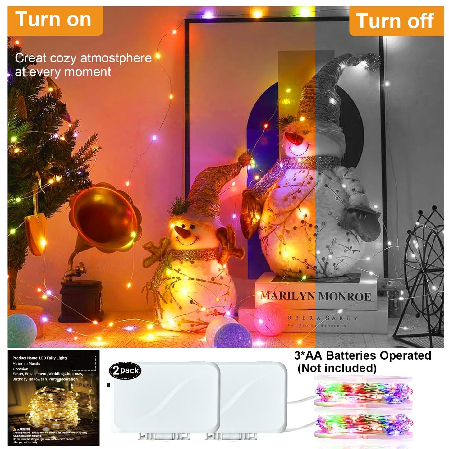 AIKEI Led Fairy Light Battery Operated, 50LED 16FT String Lights Copper Wire Starry Fairy Lights (Multi-Colored, 2Pack)