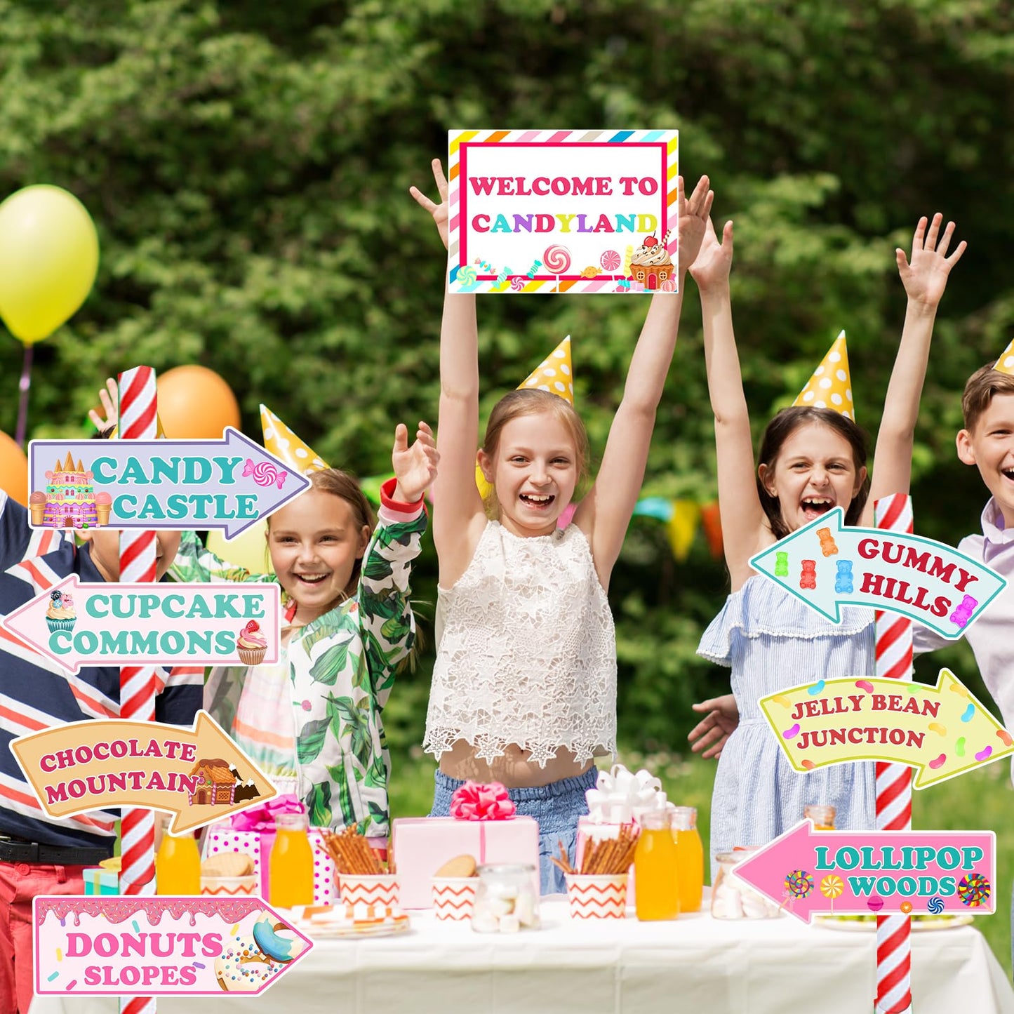Candyland Party Decorations, Fiesec Welcome to Candy Land Sweet Party Supplies Hanging Sign Arrow Directional Sign Banner Rainbow Color 20 PCs