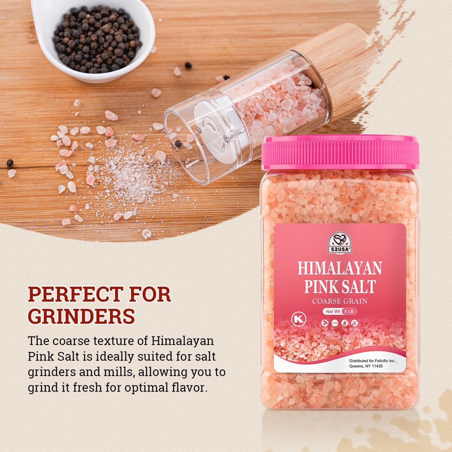 52USA Himalayan Pink Salt for Grinder Refill, 80oz (5 Pound), Non-GMO, Himalayan Coarse Salt, 80+ Minerals and Electrolytes, Pink Himalayan Sea Salt, Unrefined Rock Salts, Kosher & Natural Certified