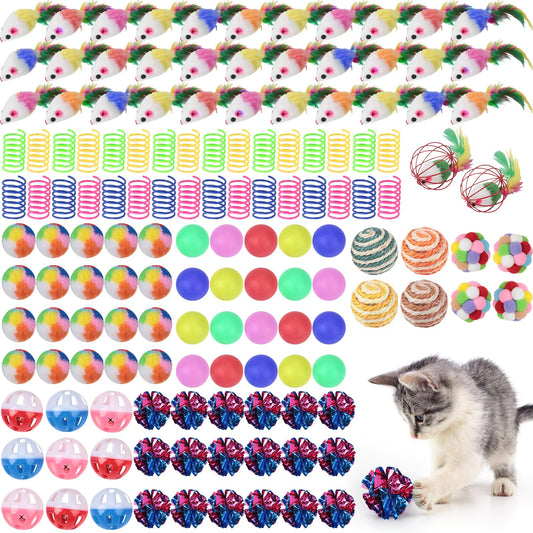 Shappy 150 Pcs Cat Toys Bulk Kitten Toys Pack Variety Funny Interactive Gift Including Mice Rainbow Balls Spring Crinkle Balls for Indoor Cat Kitty Kitten(Classic)