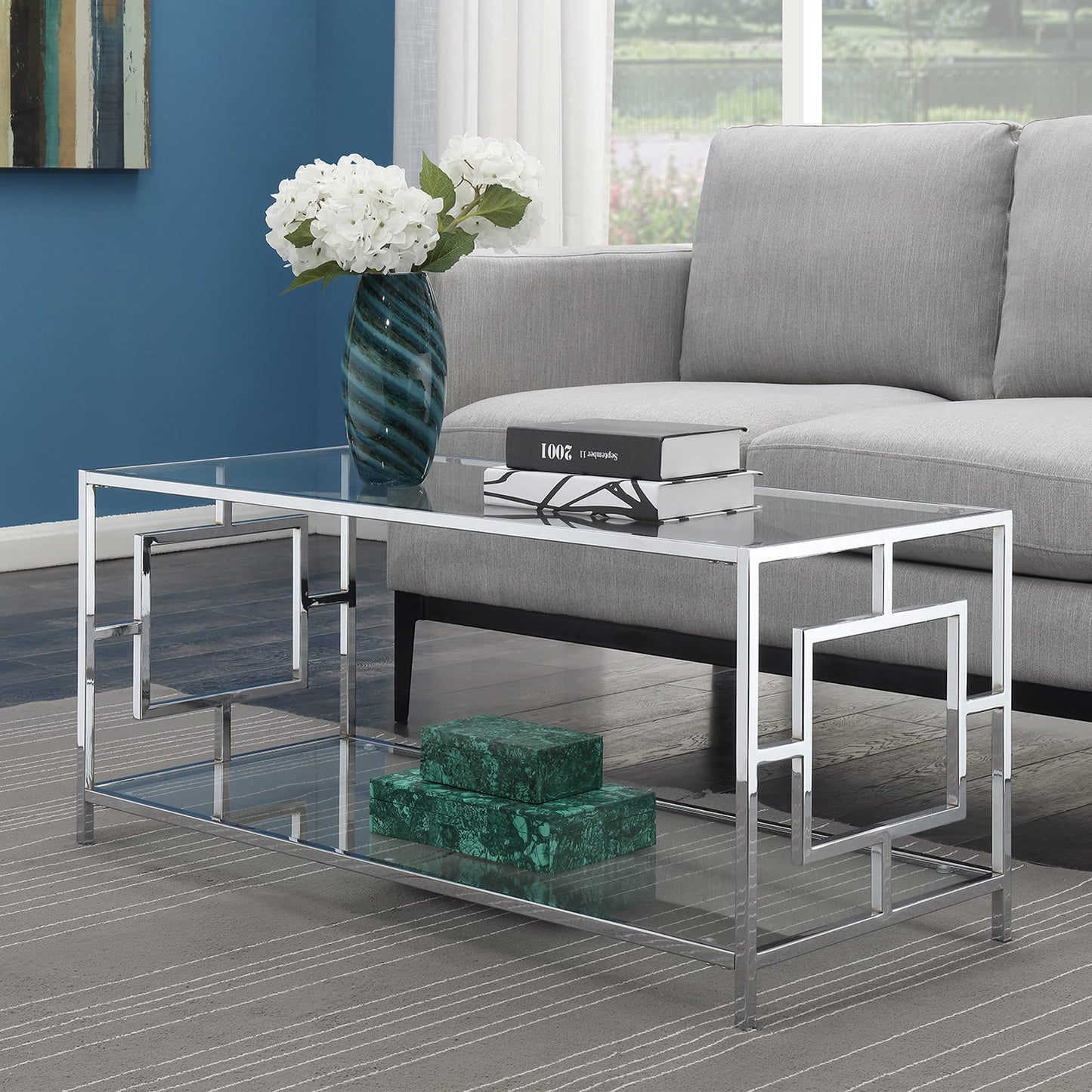 Convenience Concepts Town Square Coffee Contemporary Modern Table with Storage Shelf for Living Room, 42", Glass/Chrome