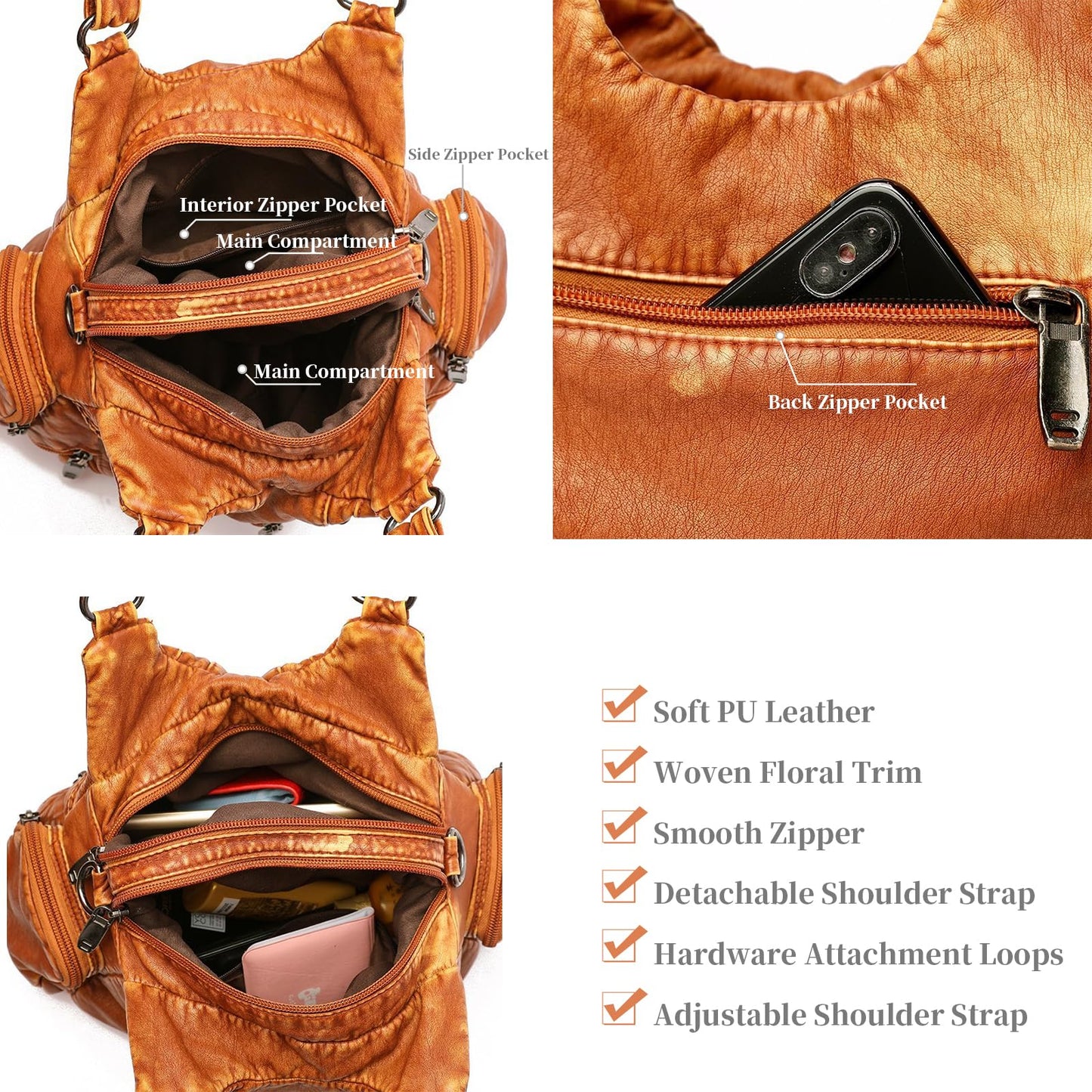 I IHAYNER Purses and Handbags for Women Hobo Tote Purse Soft PU Leather Satchel Shoulder Bag with Multi-Pocket, Brown