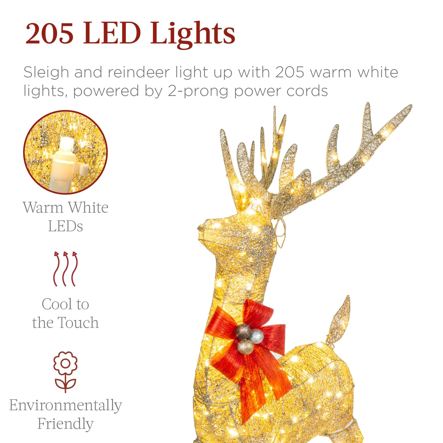 Best Choice Products Lighted Christmas 4ft Reindeer & Sleigh Outdoor Yard Decoration Set w/ 205 LED Lights, Stakes, Zip Ties - Gold