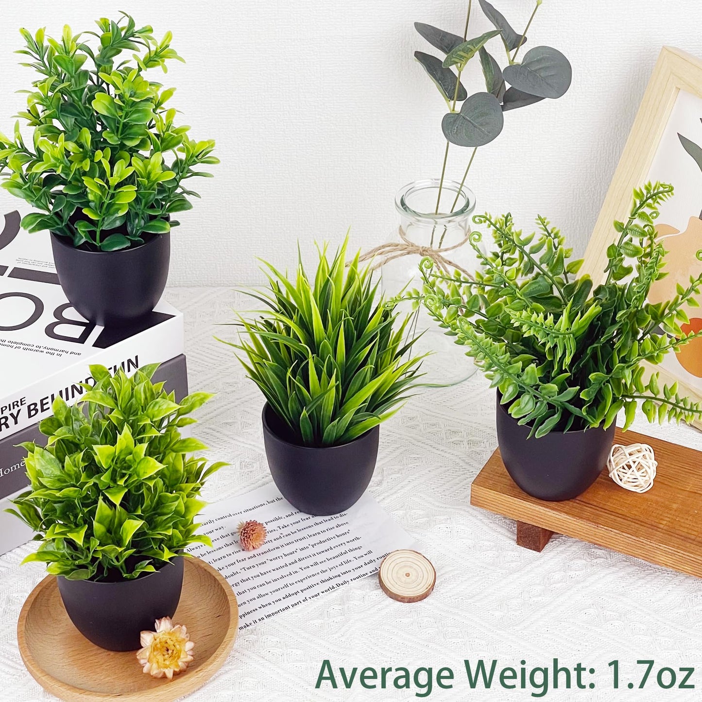 DCECDWD Set of 4 Fake Plants 7” Small Potted Plants Artificial Plants Indoor Mini Greenery Plants for Indoor Decor Home Shelf Office Decor, Compact Black Pot