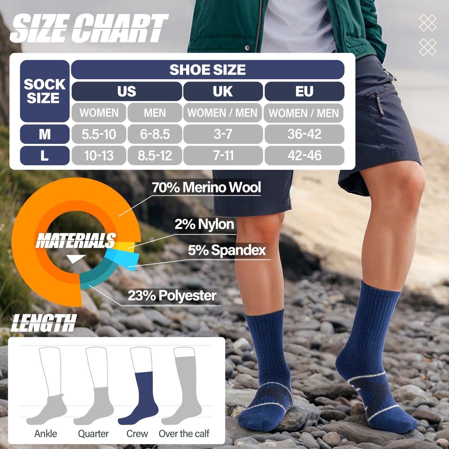 ANTSANG Merino Wool Socks for Men & Women Thermal Winter Hiking Warm Thick Crew Cozy Boot Work Gift Socks Stocking Stuffers 5 Pairs(Assorted D,L)