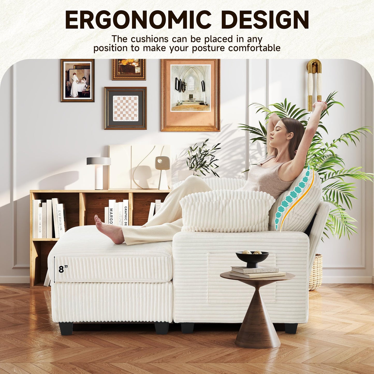 Hanherry 57.6" D Chaise Lounge Chair Indoor with Ottoman, Corduroy Lounge Sleeper Sofa Chair, Comfy Reading Chair with Double-Sided Armrest and Lumbar Support for Bedroom, Living Room, Office(Beige)