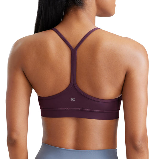 CRZ YOGA Butterluxe Womens Y Back Sports Bra - Padded Racerback Low Impact Spaghetti Thin Strap Workout Yoga Top Deep Purple Large