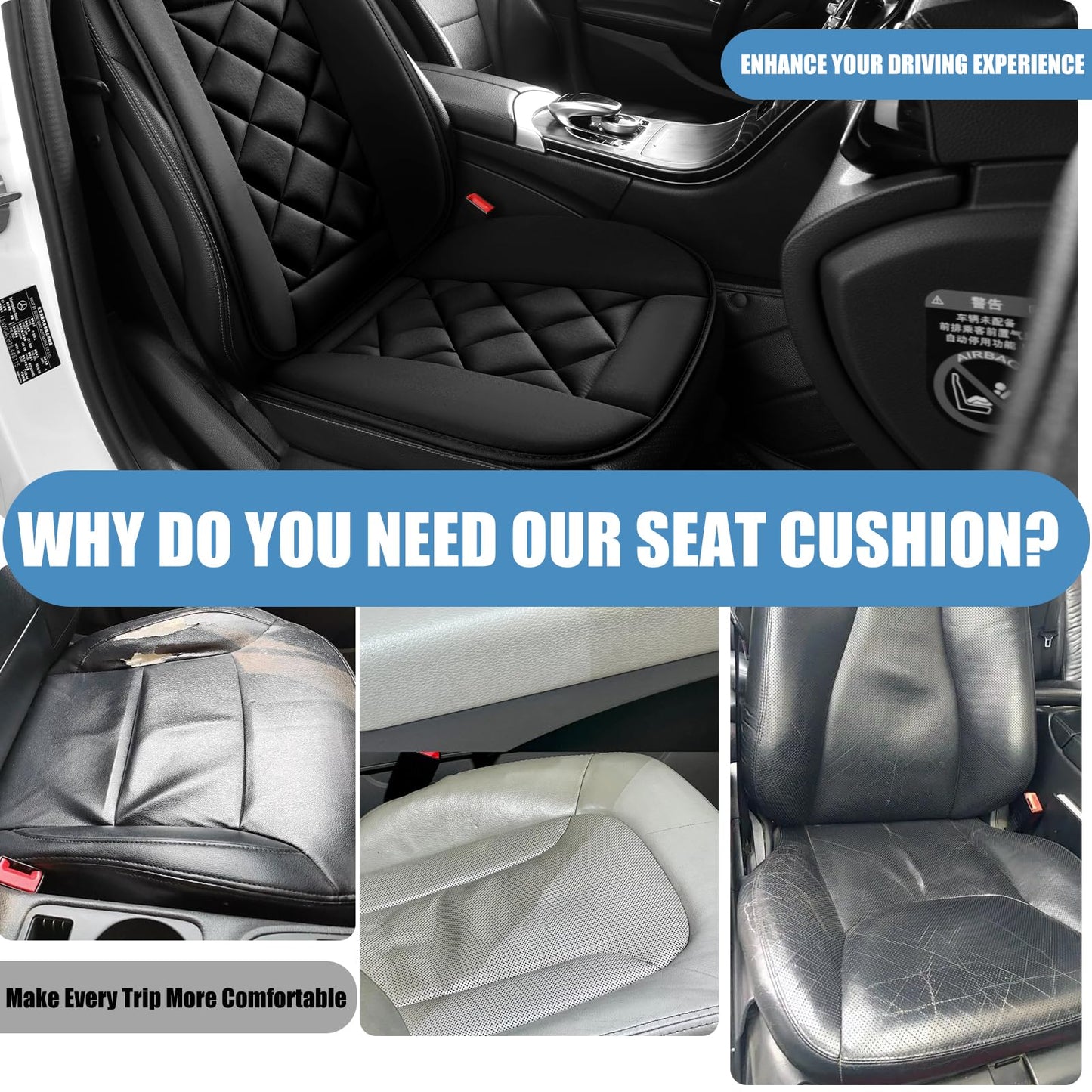 Chezope Car Seat Cushions Lumbar Support Pillows with Comfort Memory Foam Design Washable and Adjustable for Drivers and Office Use (Black)