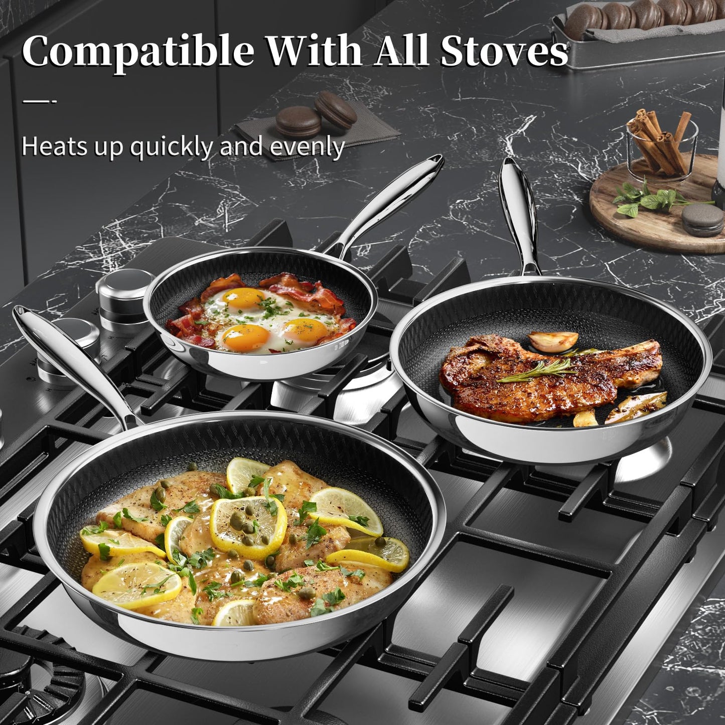 Innerwell Nonstick Titanium Ceramics Stainless Steel Frying Pan Set, 6 Pieces Nonstick Honeycomb Stainless Steel Frying Pan Set, Non Stick Egg Omelet Cooking Pan Set, Induction Compatible, PFAS Free