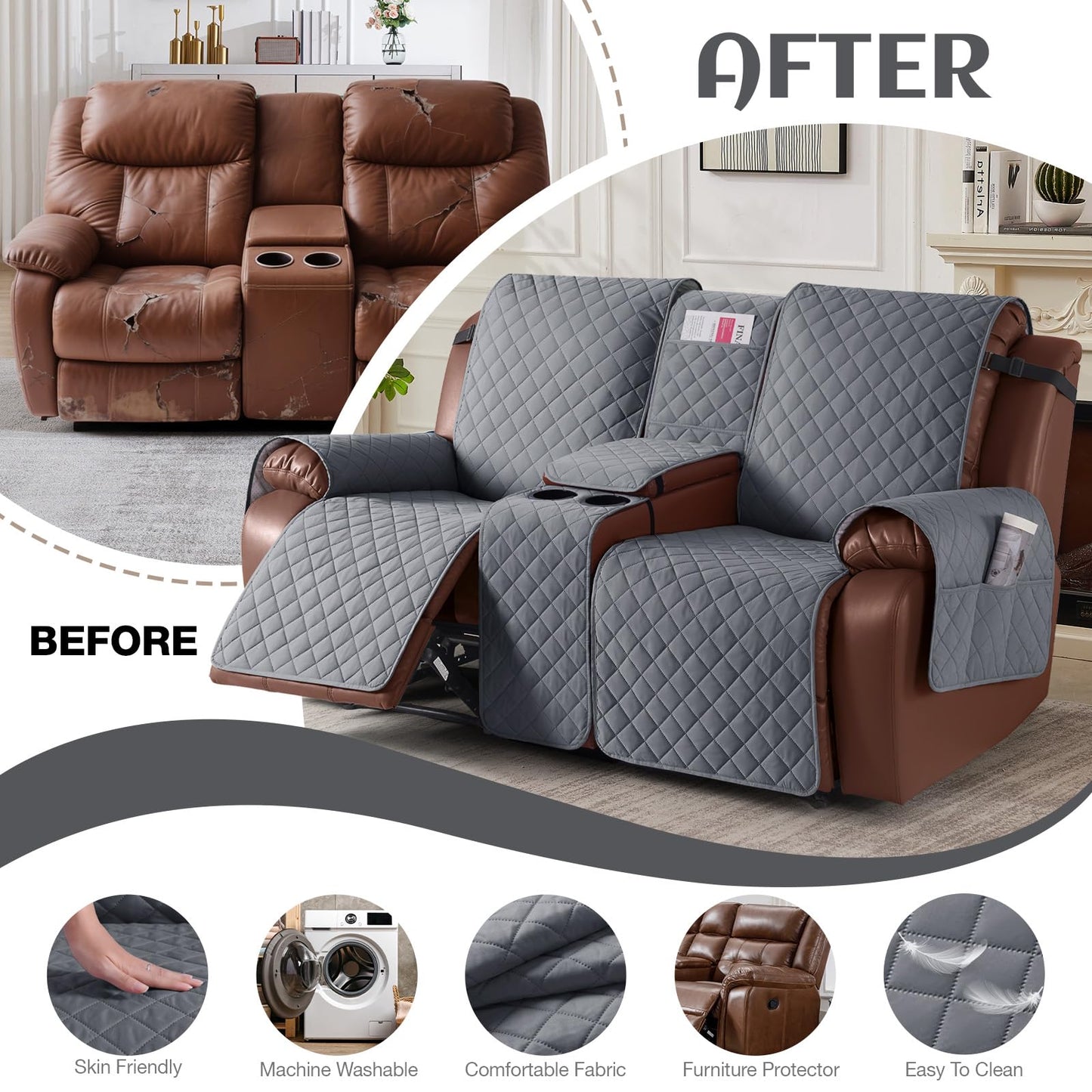 KinCam 100% Waterproof Recliner Loveseat Cover with Console, Non-Slip Reclining Couch Covers for 2 Seat, Recliner Sofa Cover Furniture Protector with Elastic Straps for Kids, Pets, Dark Gray