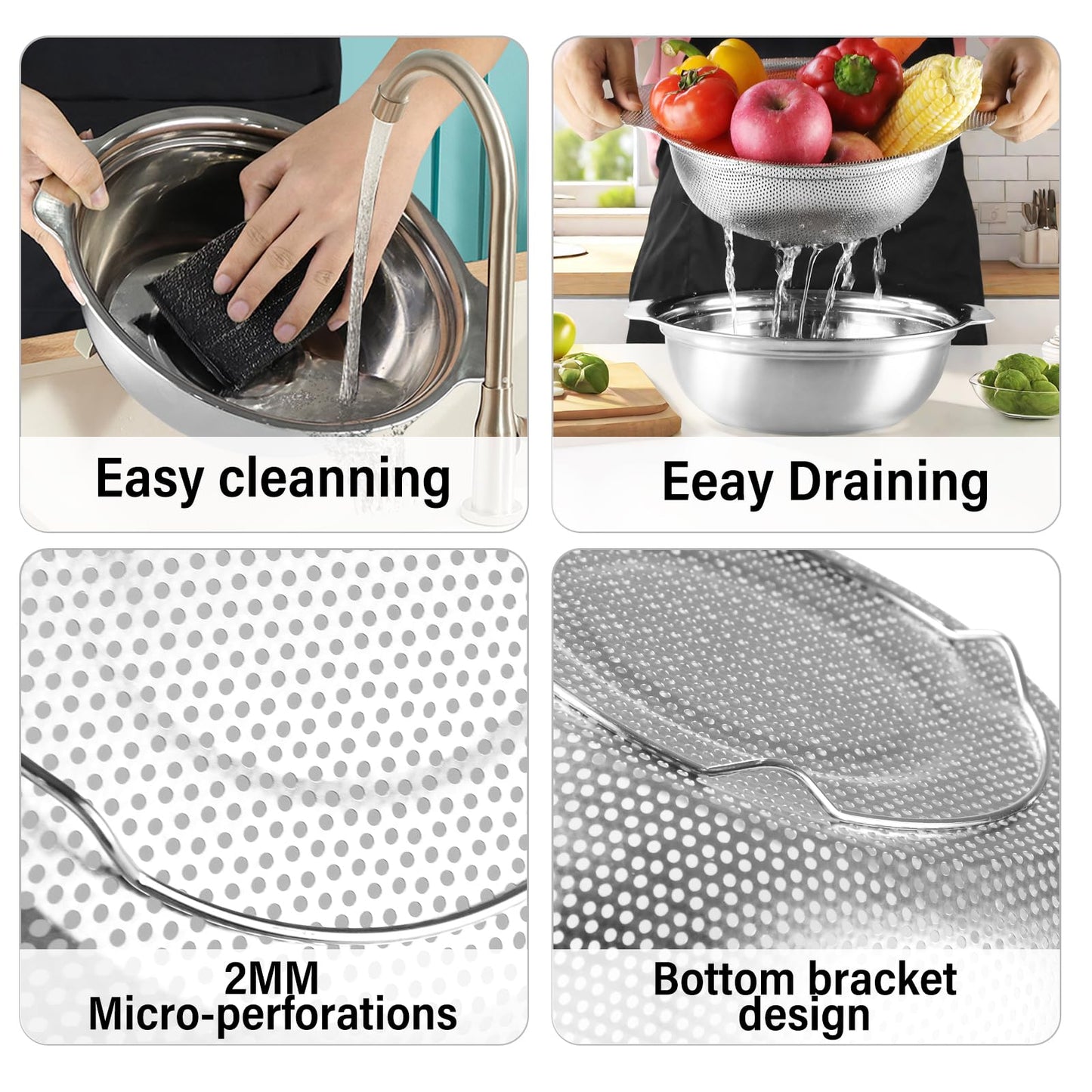 POPGRADE Stainless Steel Colander for Kitchen, 2.5QT Rice Washer Strainer with Mixing Bowl, Colander Bowl Set with Microporous for Washing Rice, Pasta, Spaghetti, Fruits, Dishwasher Safe(2PC)