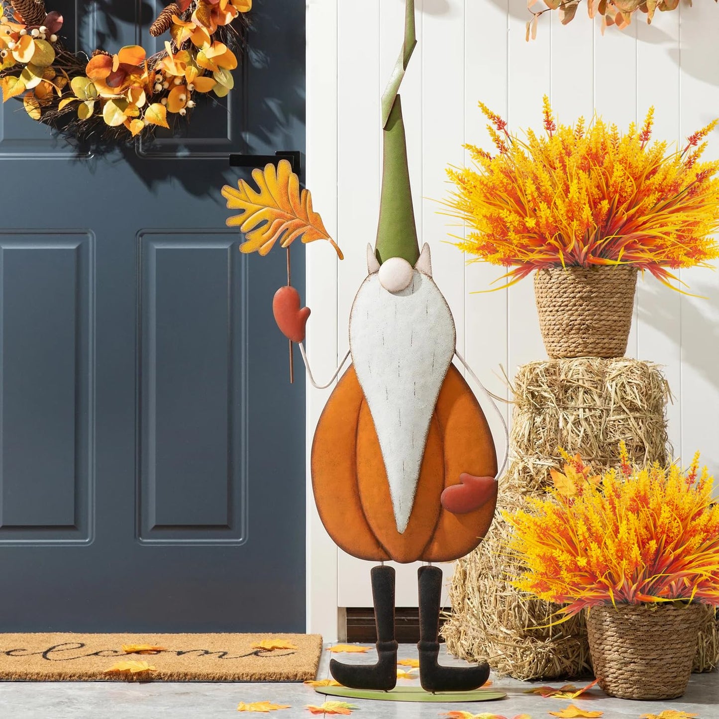 20 Bundles Artificial Plants Outdoor Fake Monkey Grass with Flowers (Fall Orange)