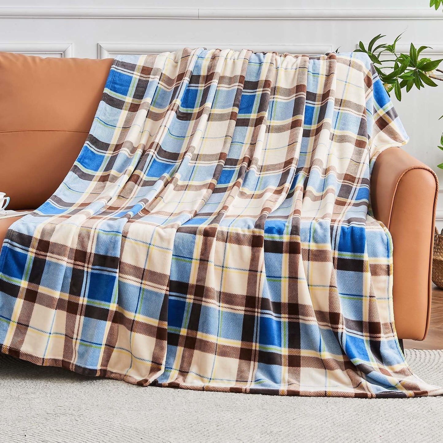 Gogreen Cozy Flannel Blanket Printed -Twin Size Bed Blanket for Home Decoration - Ultra Soft, Lightweight, Microfiber Throws (Thorw - 50" x 60", Blue Brown Plaid)