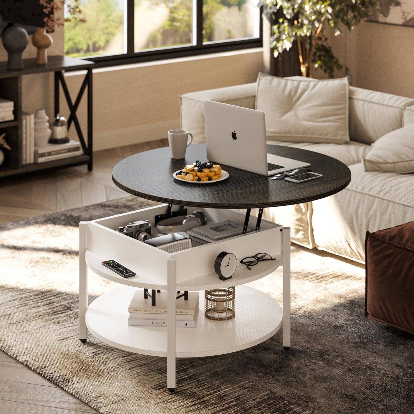 FABATO Round Lift Top Coffee Table with Storage and Hidden Compartment, 26.77'' Farmhouse Coffee Table for Living Room Reception Room, 2 Tier Small Round Coffee Table Circle Dining Table, White