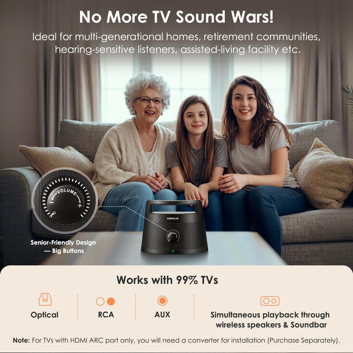 SIMOLIO Wireless TV Speakers for Seniors Hard of Hearing, 164ft Long Range, 3 EQ Modes, Voice Clarity Boost, Dual TV/Bluetooth Modes, Portable Rechargeable Speaker for TVs with Wired Headphones