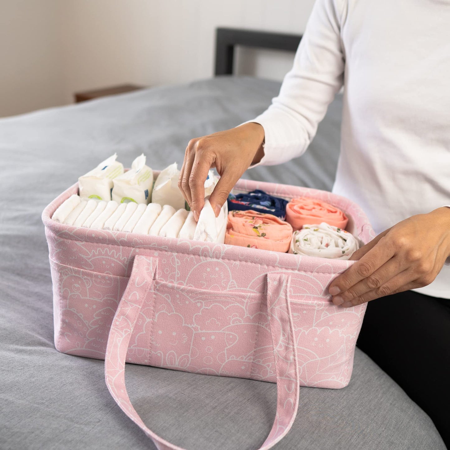 Baby Diaper Caddy Organizer Basket for Nursery Changing Table - Car Storage Tote Bag for Nappy, Diapers, and Wipes - Newborn Registry Shower Gift for Girl and Boy Must Haves - Travel Bin (Pink)