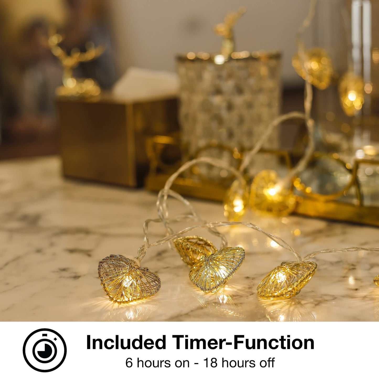 CozyHome – 5,5YD Golden Heart Lights Battery Operated with Remote | Fairy Valentines Garland Lights LED | String Lights Indoor Bedroom Window Mirror and Outdoor | The Valentine's Day Lighted up Decor