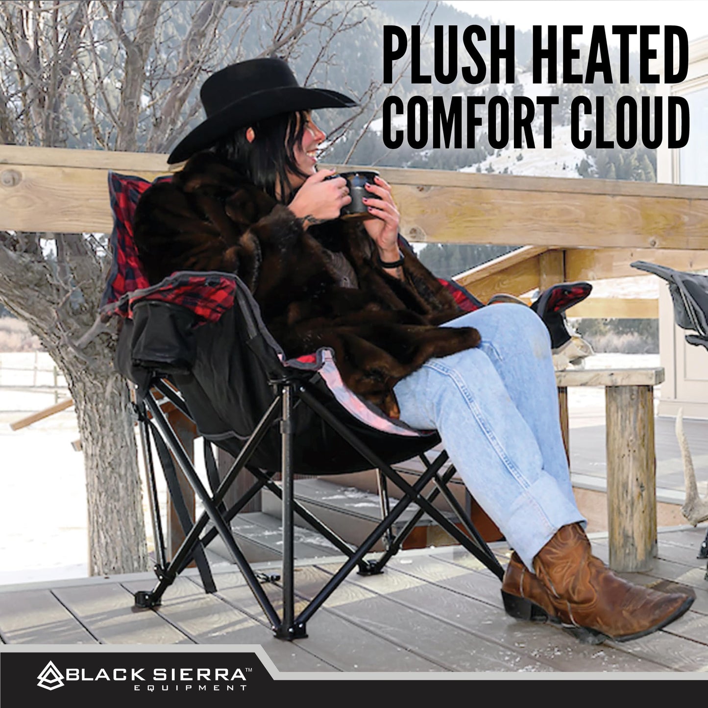 Black Sierra Heated Camping Chair for Adults, Oversized Outdoor Seat with Plush Padding, Supports 400lbs, Cup Holders and Carry Bag, Heavy Duty Folding Chair for Tailgating, Patio, or Sideline Comfort