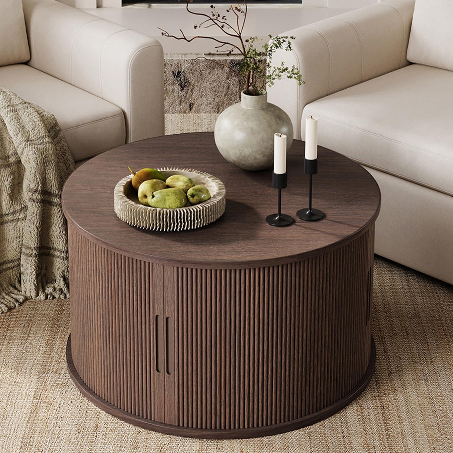 LINSY HOME Round Coffee Table, 31.5" Drum Coffee Table with Sliding Tambour Door, Fluted Accent Center Table with Storage, Mid Century Modern Coffee Table for Living Room, Walnut