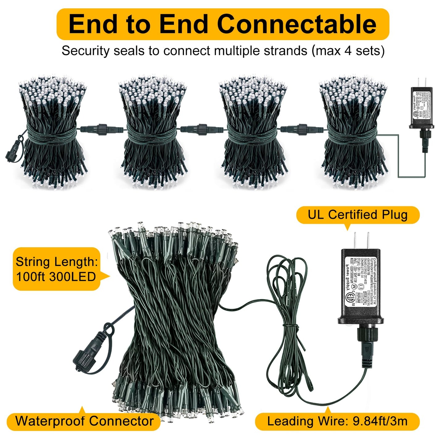 Christmas Lights Outdoor, 100FT 300 LED Christmas String Lights with 8 Modes Waterproof, Plug in Connectable Twinkle Light Green Wire for Tree Yard Wedding Holiday Decorations, White