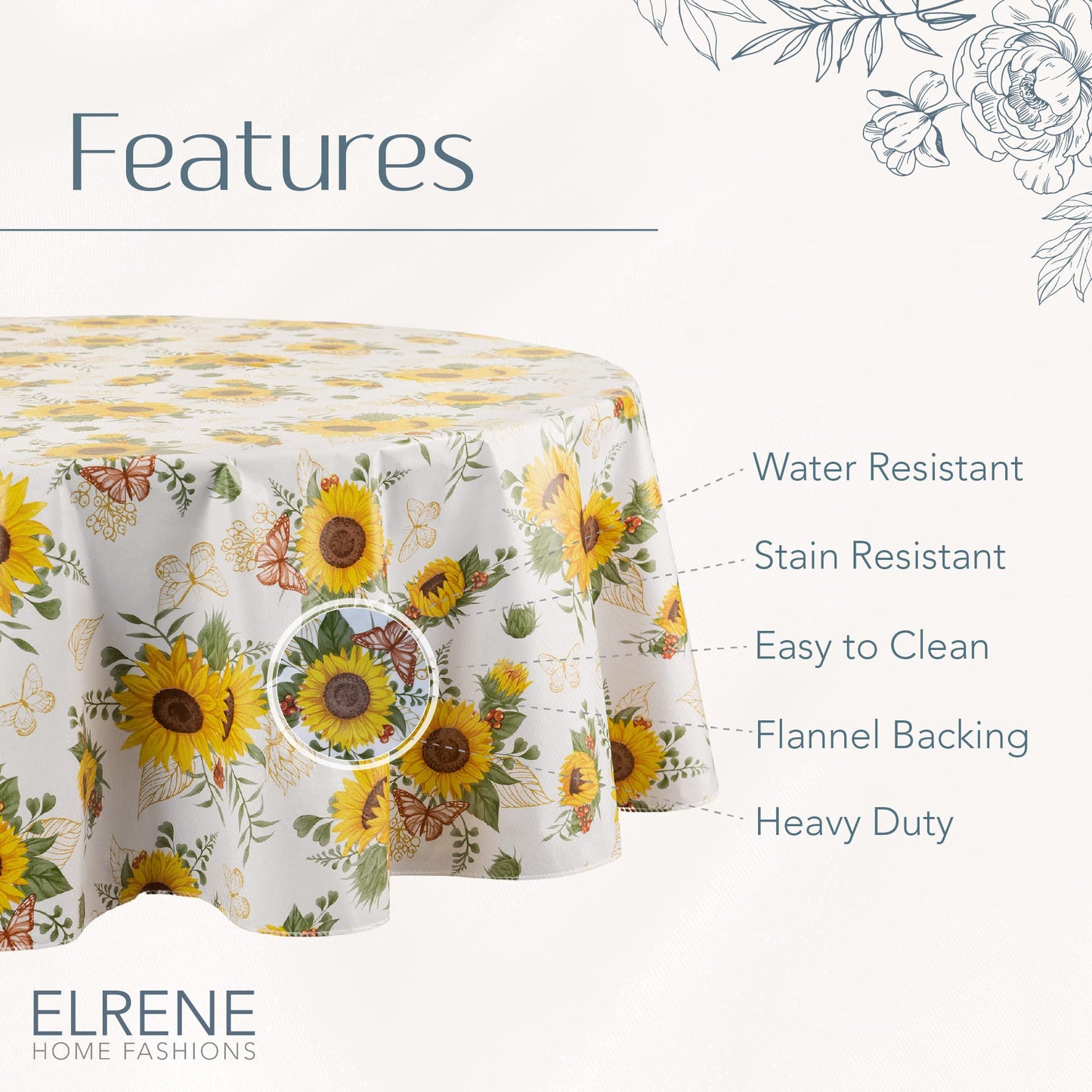 Elrene Home Fashions Sunflower Season Vintage Floral Water- and Stain-Resistant Vinyl Tablecloth with Flannel Backing, 60 Inches X 84 Inches, Oval