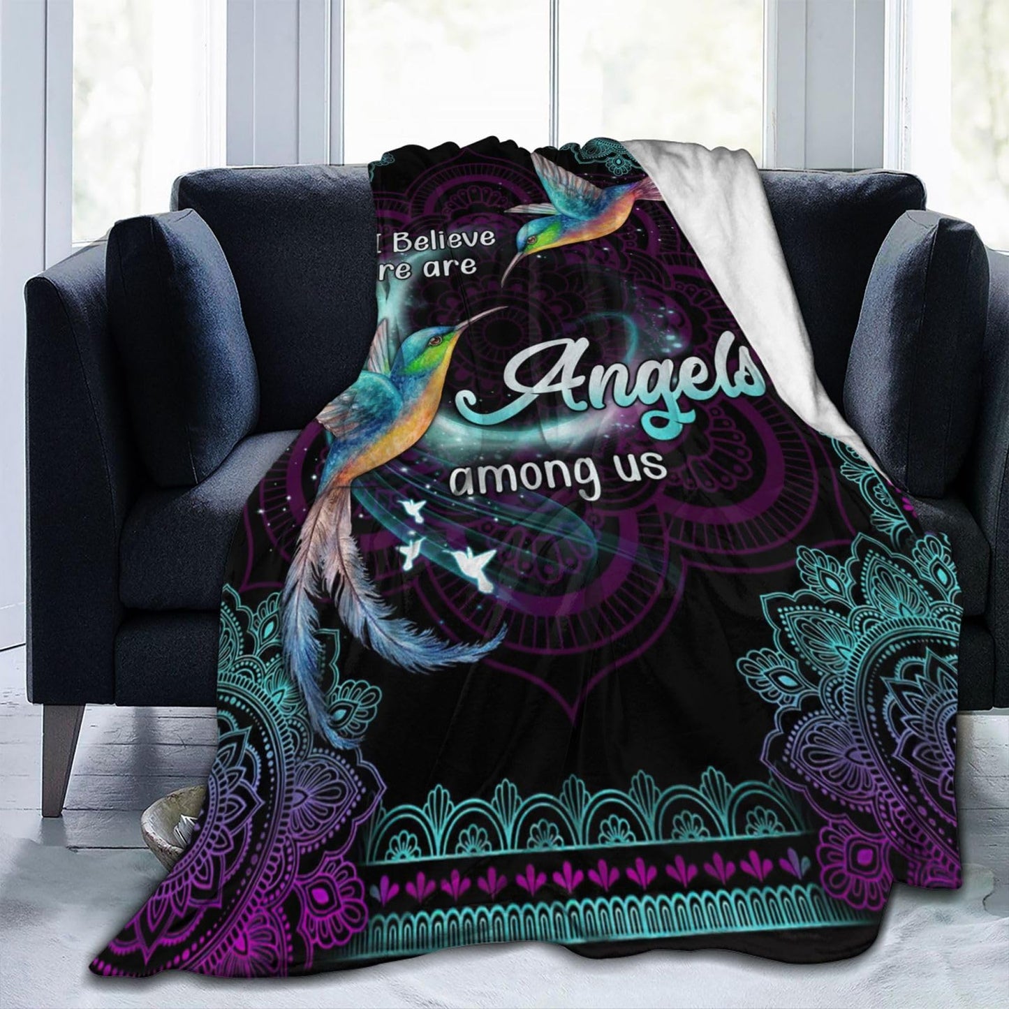 Hummingbird Blanket Heaven Hummingbird Throw Blanket I Believe Inspirational Blanket Gifts for Girls Boys Winter Bedding Super Warm Soft Plush Fleece Flannel Blanket for Kids Adults Men Women 50"X40"