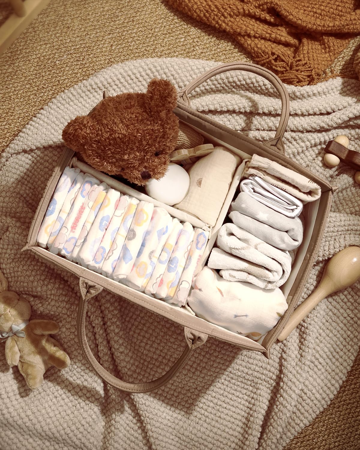 Blissful Diary Baby Diaper Caddy Organizer, Stylish Storage Basket for Newborn Essentials and Diaper Station, Gift for Baby Shower and Registry Must-Have, Mocha Brown