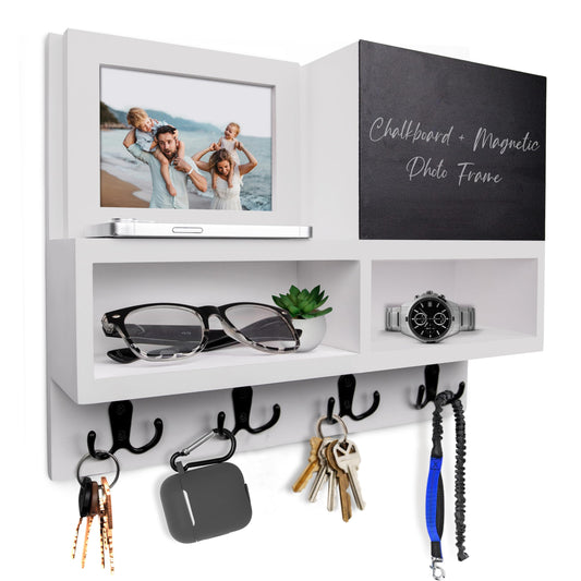 Spacelog Key and Mail Holder for Wall with Chalkboard – Magnetic Picture Frame Key Holder Wall Mount, Light Grey, Dual Storage & Cupboards