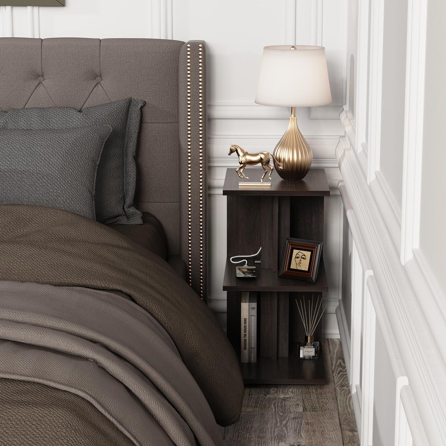 BHAODEAL 1 Pack Night Stand with Charging Station, Bedside Table for Couch, USB Ports and Outlet, Side/End Table with 3-Layer Storage Shelves for Small Spaces, Living Room, Bedroom, Bedside (Brown)