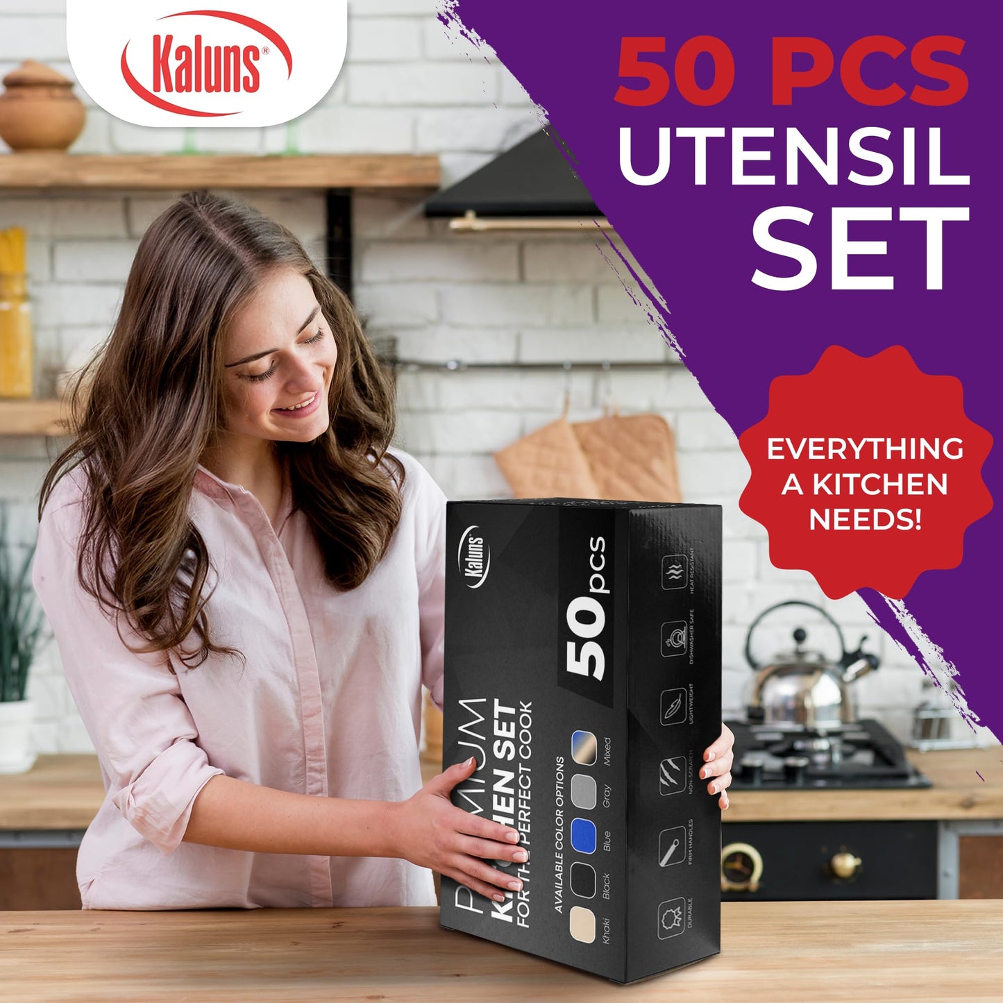 Kaluns 50 PCS Silicone Kitchen Utensils Set Complete Kitchen Set - 800°F Heat Resistant Non-Stick Premium Silicone Cooking Utensils W Wooden Handles - Can Opener, Masher, Turner, Silicone Spatula Set