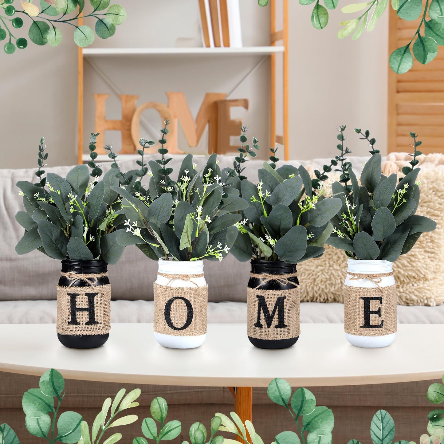 4 Pcs Home Centerpiece for Table Artificial Eucalyptus Mason Jar Centerpieces with Vase and Fake Plants Home Tabletop Tiered Tray Decor for Office Farmhouse Bathroom Dining Kitchen Decor
