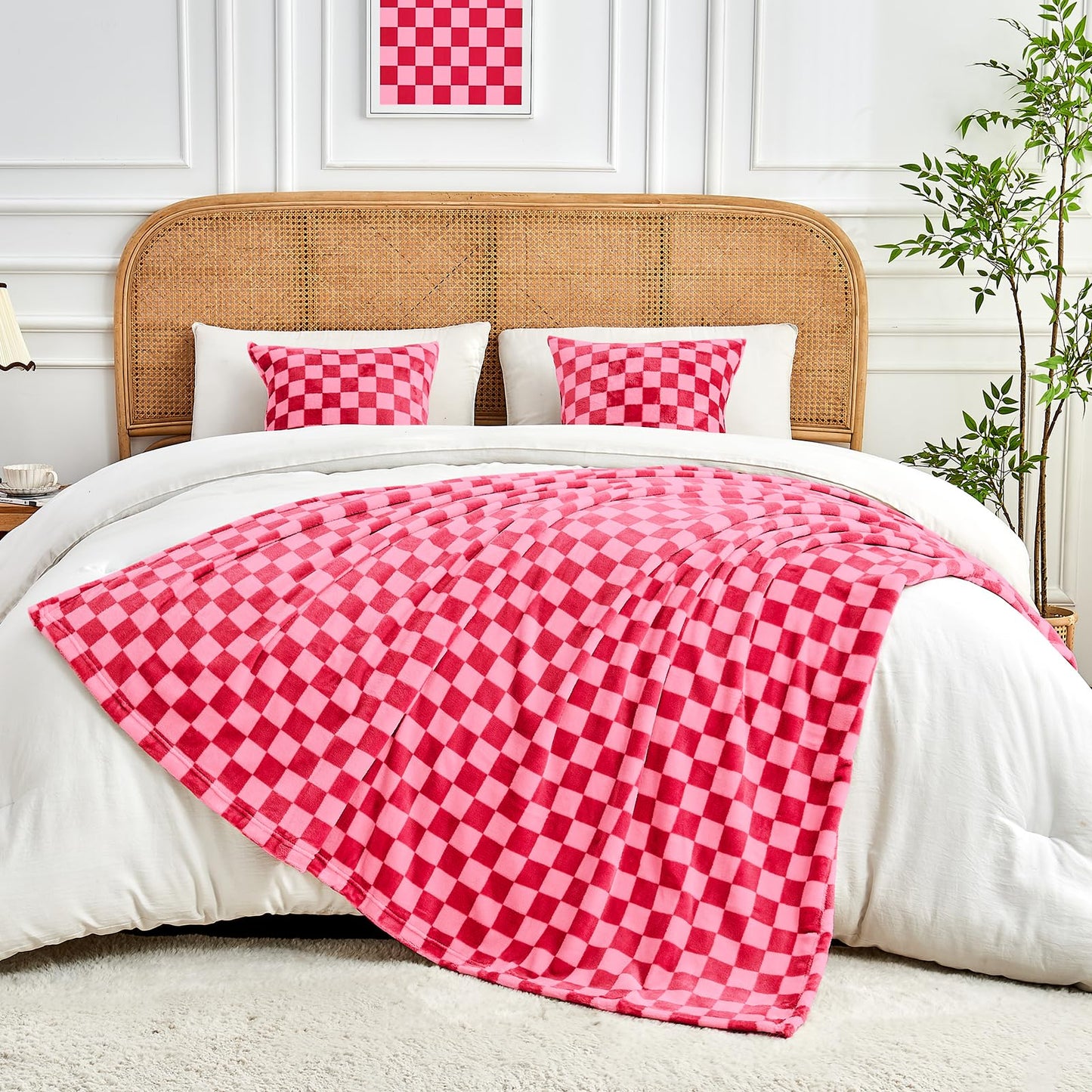 FY FIBER HOUSE Hot Pink Checkered Throw Blanket for Couch Soft Cozy Checker Blankets, 50"x60"