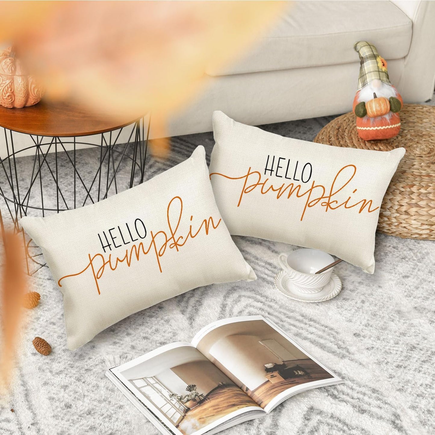 RABUSOFA Fall Pillow Covers 12x20 Inch,Autumn Hello Pumpkin Pillows Decorative Throw Pillows,Lumbar Outdoor Thanksgiving Cushion Cover Farmhosue Fall Decor for Bedroom Couch Sofa White