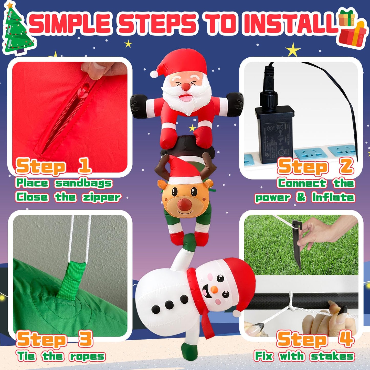 OurWarm 8FT Hanging Christmas Inflatables Decorations, Climbing Santa Claus with Reindeer & Snowman, Xmas Decor for Beam Roof Tree Indoor Home Party