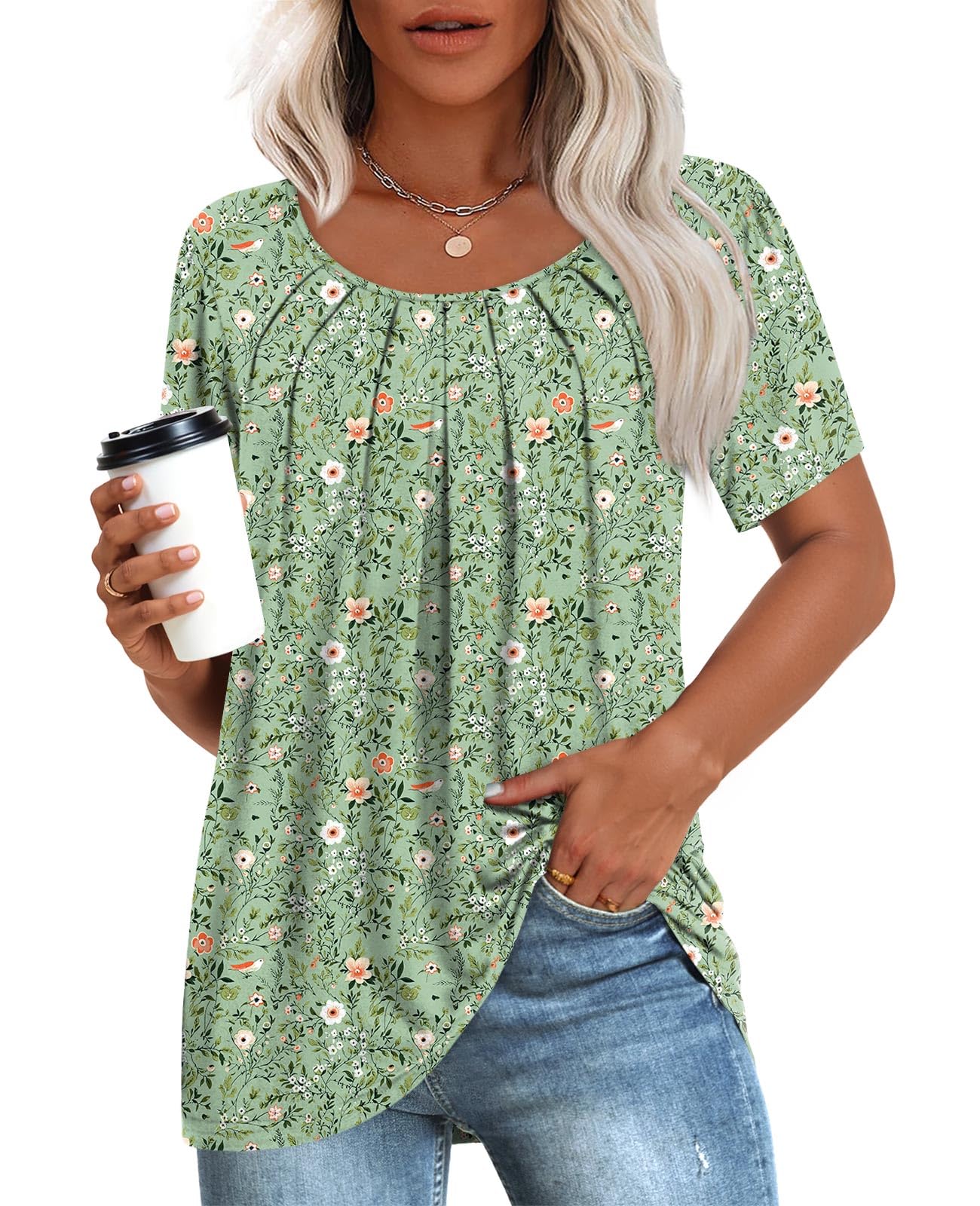 Anymeet Womens Summer Tops Short Sleeve Casual Blouses Beach Tee for Leggings Hide Belly Plus Size Green Flowers 2X-Large