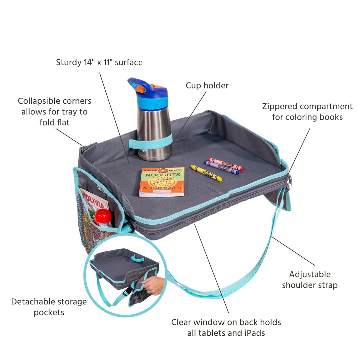 J.L. Childress 3-in-1 Travel Tray & iPad Tablet Holder - Car Seat Lap Tray for Toddlers, Kids - Use on Airplanes, Road Trips, Lap Desk - Tablet Holder and Carry Bag - Grey/Teal
